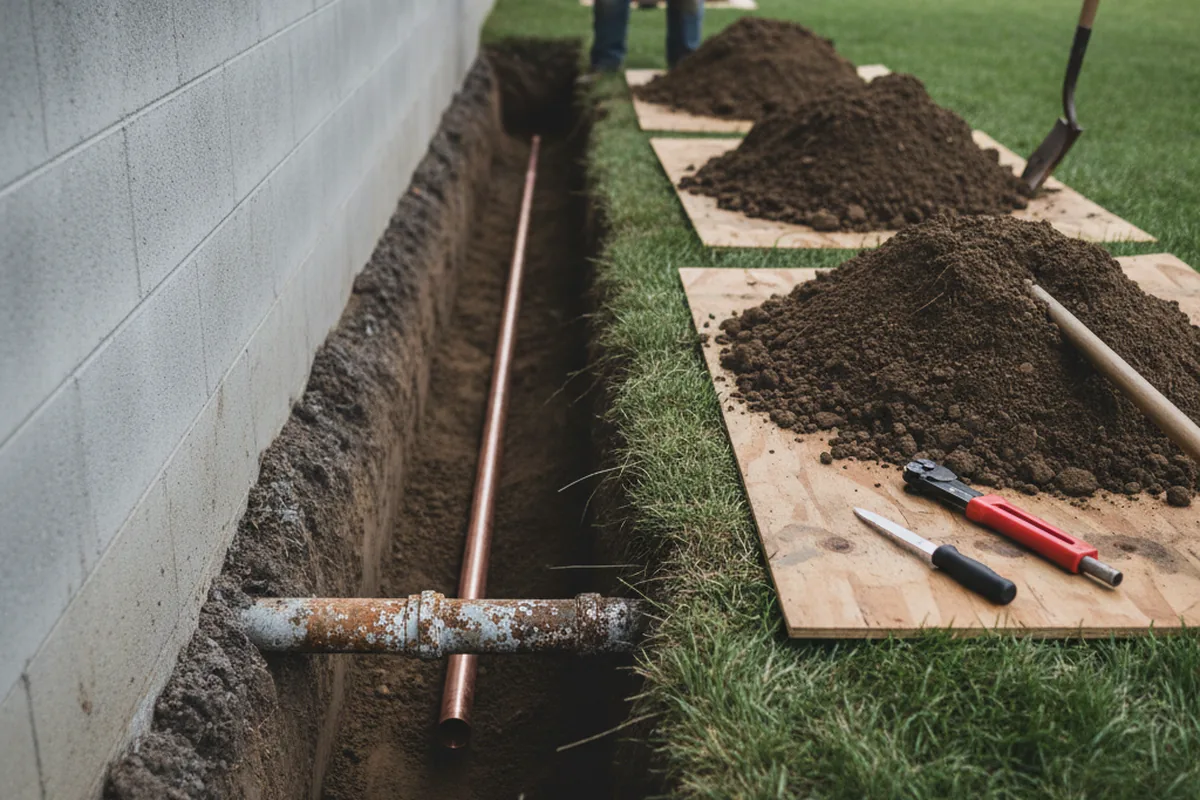 Excavated water line trench during Sewer Line Repair in Red Hook